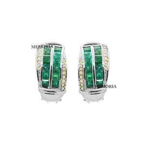 Wholesale Yellow Gold Plated 925 Silver Natural <b>Square</b> Emerald <b>Diamond</b> Channel Set Half Hoop <b>Earrings</b> Memoria Jewels - Product Image 2