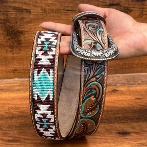 Fábrica al por mayor Casual aleación Pin hebilla mano Tooled cinturones de cuero hecho a mano con cuentas de lujo de las mujeres cinturones de cuero de vaca genuino - Product Image 4