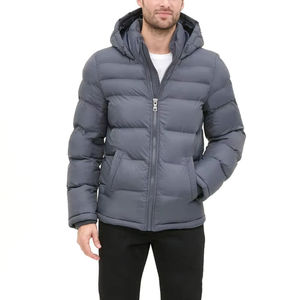 Veste d'hiver matelassée à capuche pour homme, couleur unie, coupe-vent, fermeture éclair sur le devant, coupe régulière, grise, confortable, prix raisonnable - Product Image 1