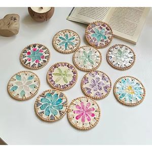 Mother of Pearl Inlay Rattan Beverage <b>Coaster</b> Handmade Woven <b>Drink</b> Mat for Kitchen Dining Table Decoration - Product Image 2