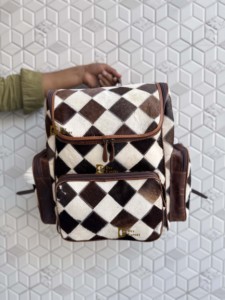 High Quality Cowhide Leather <b>Backpack</b> Softback Unisex Day <b>Backpack</b> Multiple Pockets Checks Design School Bag Zipper Closure - Product Image 4