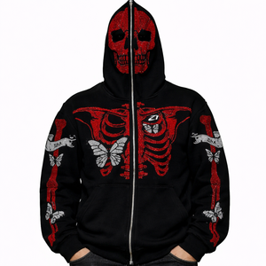 Sweat à capuche intégral zippé motif squelette avec strass en molleton de coton coupe oversize streetwear fabrication sur mesure commandes en gros - Product Image 2