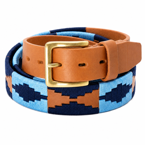 Ceinture Polo Homme en Cuir Véritable Style Gaucho Argentin Marron Bleu Brodé en Cuir de Vachette avec Boucle en Alliage, Décontractée, Équestre, 3,5 cm x 120 cm, Durable - Product Image 1