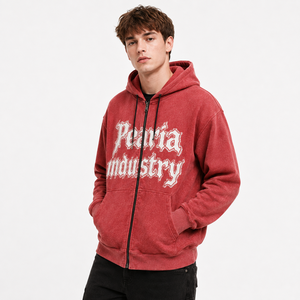 Sudadera con capucha y cremallera completa para hombre, de algodón grueso, con cordón, estampada, roja lavada, estilo casual de invierno, ecológica, para streetwear y chándal - Product Image 1