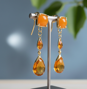 Boucles d'oreilles en onyx jaune multiformes en argent sterling 925 avec placage or 18 carats, boucles d'oreilles chandelier pour femmes, à porter en soirée - Product Image 4