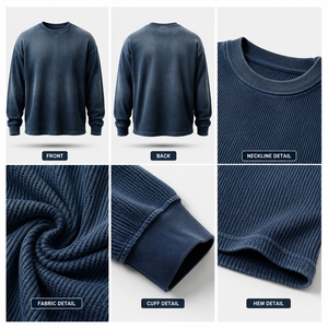 เสื้อยืดแขนยาวผ้าวาฟเฟิลเนื้อหนา ผู้ผลิต OEM รับผลิตเสื้อยืดแบรนด์ส่วนตัว ผู้จัดจำหน่ายผ้าฝ้าย - Product Image 3