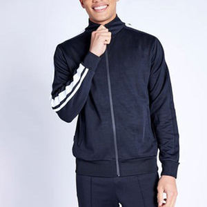 Veste de survêtement marine pour homme avec fermeture éclair intégrale, rayures blanches, col montant, poches latérales, respirante, style sportif, pour l'automne, coupe classique - Product Image 5