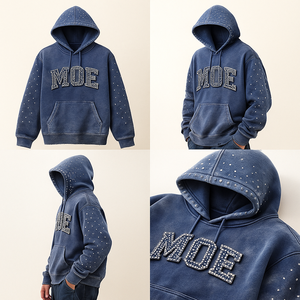 Sweat à capuche surdimensionné pour homme en molleton, lavage vintage personnalisé, orné de strass, style streetwear décontracté, 100% coton, teint uni, impression en relief - Product Image 1