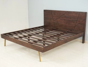Midcentury Modern Platform <b>Bed</b> <b>Queen</b> <b>Size</b> Solid Mango Wood Frame With Geometric Headboard And Metal Legs Assemblable Design - Product Image 4