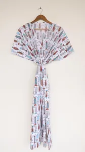 Vestido Kaftán de Algodón con Estampado de Peces Estilo Boho para Mujer, Blanco, para la Playa, con Cintura Ajustable con Cordón, Cuello en V, Ropa de Resort - Product Image 3