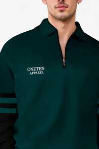 เสื้อสเวตเชิ้ตผู้ชายคอตั้งแบบมีซิป ¼ ตัว  ลายบล็อกสี  ผ้าเฟรนช์เทอร์รี่ ทรงโอเวอร์ไซส์ สีเขียวดำ  สำหรับฤดูใบไม้ร่วง - Product Image 5