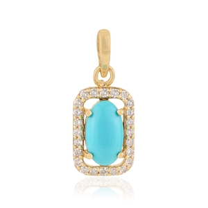 Minimal Design Oval Shape Turquoise & Round Cut Diamond Simple Halo <b>Pendant</b> Fine 14K <b>Solid</b> Yellow <b>Gold</b> Everyday Girls Jewelry - Product Image 1