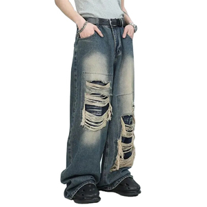 Pantalones Vaqueros Anchos Negros Rotos para Hombre, de Cintura Alta, Estilo Urbano, de Algodón, Peso Medio, Moda Otoñal - Product Image 4
