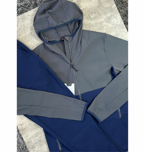 Custom Mens 2Piece Windbreaker Tracksuit Set Charcoal and Navy Color Block Hooded Jacket and Jogger <b>Pants</b> Lightweight Waterproof - Product Image 4