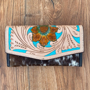 กระเป๋าสตางค์หนังสีเทอร์ควอยส์สำหรับผู้หญิงกระเป๋าคลัทช์ลายดอกไม้ทำมือปรับแต่งได้ตามต้องการ - Product Image 4