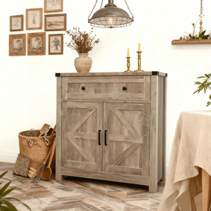 Mobiletto/Credenza Grigio Chiaro in Legno Lavato Stile Rustico con Ante Scorrevoli, Cassetto e Bar Caffè per Cucina e Soggiorno - Product Image 6