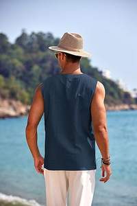 Camisetas sin mangas de lino y algodón para hombre, estilo casual, con cordones, para la playa, estilo hippie. - Product Image 4