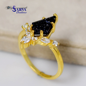 Anillo de Piedra Azul Sintética Chapado en Oro de Plata Esterlina 925 con Gema en Forma de Cometa y Circonita Cúbica, Joyería Vintage de Declaración para Mujer - Product Image 1