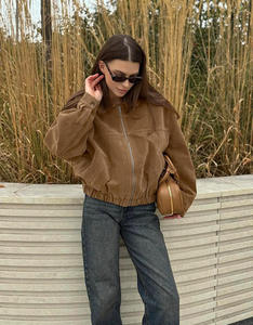 Women Oversized Suedette Bomber <b>Jacket</b> Loose Fit Shirt Collar Zip Front Bubble Hem Casual Outerwear - Product Image 6
