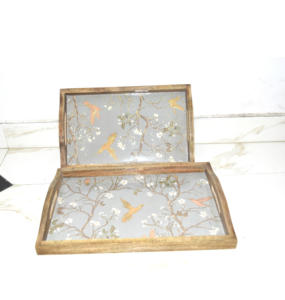 Juego de 2 bandejas rectangulares de madera de mango de la mejor calidad con patrón de mango estampado esmaltado para hoteles, restaurantes, cocinas de la India - Product Image 1