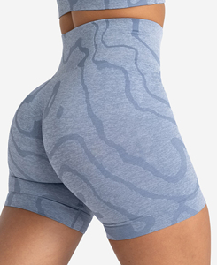 High Quality Women's Solid <b>Blue</b> 2-Piece Yoga Set Full Sleeve <b>Crop</b> <b>Top</b> High Waist Shorts Front Printed Spandex Polyester - Product Image 5