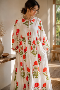 Vestido Largo de Fiesta Boho para Mujer, Estampado a Mano, de Algodón, con Mangas Abullonadas, Cuello con Lazo, Ecológico, Transpirable, Talla XS, Color Rojo Floral - Product Image 2