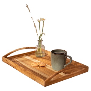 Plateau de service en bois d'acacia avec poignées en métal noir, idéal pour le plateau ottoman, le petit déjeuner et le repas. - Product Image 1