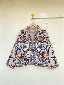 Veste kimono en velours de coton 100% faite à la main |   Hiver Automne Respirant Écologique Anti-Plis Matelassé Col Rond Bohème Avant - Product Image 5