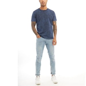 Camiseta de algodón de manga corta con cuello redondo para hombre, color liso, estilo casual con efecto lavado, corte regular, azul - Product Image 5