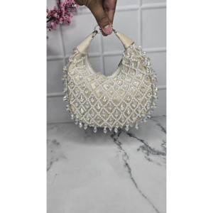 Elegant Beaded Half Moon Evening Bag With Pearl Diamond Lattice Design Ring Strap Zipper Closure <b>For</b> Party - Product Image 1
