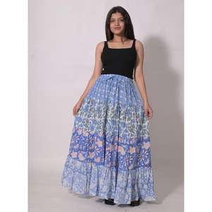 กระโปรงแม็กซี่ทรงเอพิมพ์ลายบล็อกทำมือ ผ้าฝ้าย 100% สไตล์ลำลองสำหรับผู้หญิง กระโปรงฤดูร้อน เป็นมิตรกับสิ่งแวดล้อม ระบายอากาศได้ดี คุณภาพสูง - Product Image 5