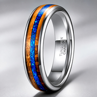 Bague en carbure de tungstène argenté avec incrustation en bois de fût de whisky et opale bleue 3A, alliance pour homme, bijoux naturels en gros 6mm