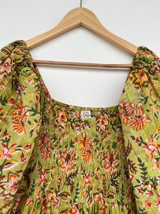 Green Floral 3/4th Sleeve Shirred Bodice Pure Cotton Maxi <b>Dress</b> Flowy Hem Comfy Fit <b>Boho</b> <b>Summer</b> Wear Women Garden Party Outfit - Product Image 2