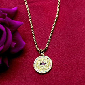 925 Sterling Silver Gold Plated Sunburst Evil Eye Pendant <b>Necklace</b> <b>Pink</b> CZ Medallion Box Chain Wholesale Jewelry - Product Image 5