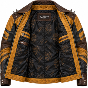 Yellow Mens Leather Jacket Tiger Graphic Print Spiked <b>Studded</b> Biker Coat Lapel Collar Custom OEM ODM Factory Wholesale Supply - Product Image 5