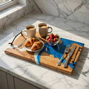 Elegant Handmade <b>Epoxy</b> Resin River Wood Serving Tray with Polished Metal Handles for Charcuterie, Cheese, <b>Coffee</b> & Tea Serving - Product Image 5