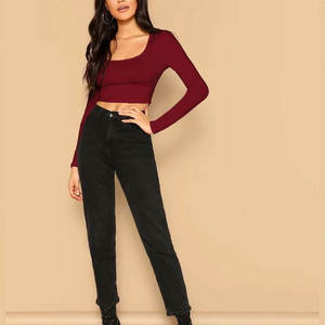 Haut court moulant à col profond pour femme, manches longues, look unique, tenue tendance, t-shirt basique à manches longues pour femme - Product Image 5