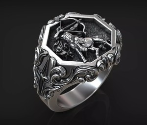 925 Sterling Silver <b>Black</b> Oxidized Moissanite Bezel Set Christian Sagittarius Zodiac Archer Cocktail <b>Ring</b> - Product Image 3