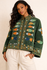 Chaqueta Sujani de terciopelo de algodón bordada a mano para mujer, diseño de pez, estilo bohemio, étnico, vintage, proveedor mayorista personalizado - Product Image 2