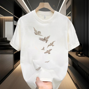 <b>Men's</b> Navy Bird Print T Shirt Short Sleeve Cotton Crew Neck Casual Loose Fit Streetwear Tee - Product Image 2