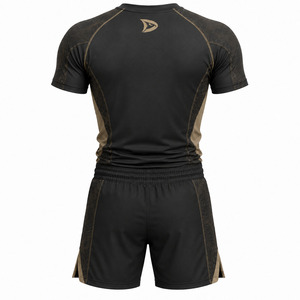 Men's Black MMA Training Kit Fitted Quick Dry <b>Polyester</b> Shorts and Shirt with Gold Logo Print Martial Art Training Set - Product Image 2