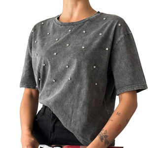 T-shirt Homme Oversize 100% Coton Délavé à l'Acide, Motif Perlé Thermocollé avec Strass Scintillants, Tissu Tissé – Grande Vente - Product Image 2