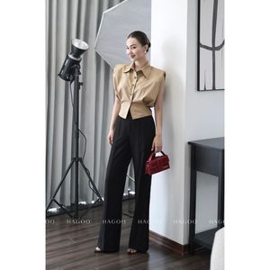 Q361 High Waist Straight Leg Women Solid Knitted Worsted Full Length <b>Pants</b> Anti Pilling Zipper Fly Summer Wear - Product Image 4