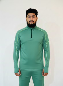 Haut de sport pour homme vert marine à demi-zip et manches longues avec surpiqûres contrastées, séchage rapide, performance optimale, coupe classique, toutes saisons - Product Image 6