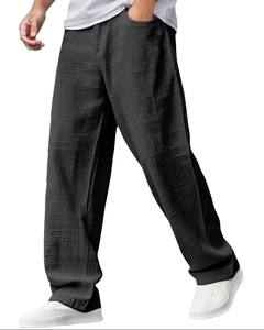 Pantalon décontracté léger en lin pour homme, taille élastique avec cordon de serrage, coupe large, couleur unie, confortable, longueur complète, léger - Product Image 3