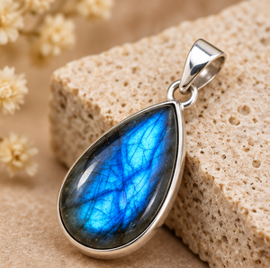 Pendentif goutte d'eau en labradorite avec cabochon bleu irisé de style naturel et élégante monture en argent pour bijoux en pierres précieuses - Product Image 6