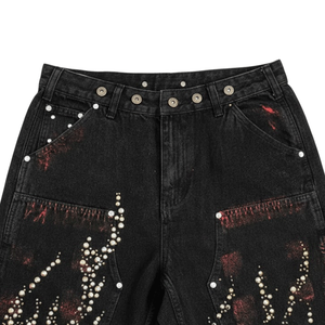 Pantalones Cortos Vaqueros de Algodón Vintage de Alta Calidad para Hombre con Logotipo Personalizado de Pedrería, Lavado Ácido y Efecto Desgastado por el Sol - Product Image 3