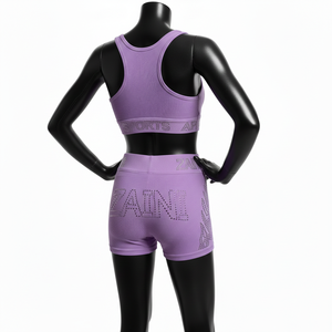 Conjunto de shorts para mujer, 220 GSM, de nailon y elastano acanalado, color lavanda morado, ajuste sin costuras, con logo de pedrería termoadhesiva, conjunto de shorts de algodón para mujer - Product Image 5