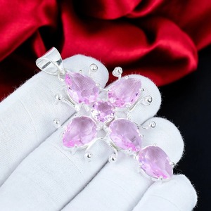 Colgante de cruz bohemia hecho a mano con circonita rosa en engaste de bisel de plata de ley 925, joyería para mujer, regalos de amor y boda - Product Image 1