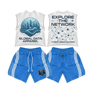 ชุดเสื้อผ้าสไตล์เทคแวร์สตรีทแวร์ Y2K แบบกำหนดเองสำหรับผู้ชาย เสื้อกล้ามพิมพ์ลายเข็มทิศ และกางเกงขาสั้นกีฬาลำลองแบบมีเชือกผูก - Product Image 2